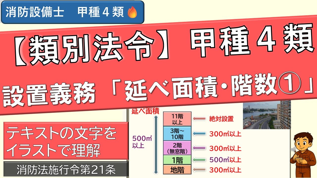 【消防設備士 甲種4類】類別法令①（１項～９項）｜延べ面積×階数で自火報の設置義務を仕分ける方法！テキストをイラスト化して超理解