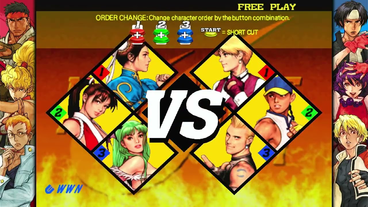 Capcom VS SNK 2: Mark Of The Millennium 2001 - Chun-Li, Mai, Morrigan Playthrough (3 on 3 Match)