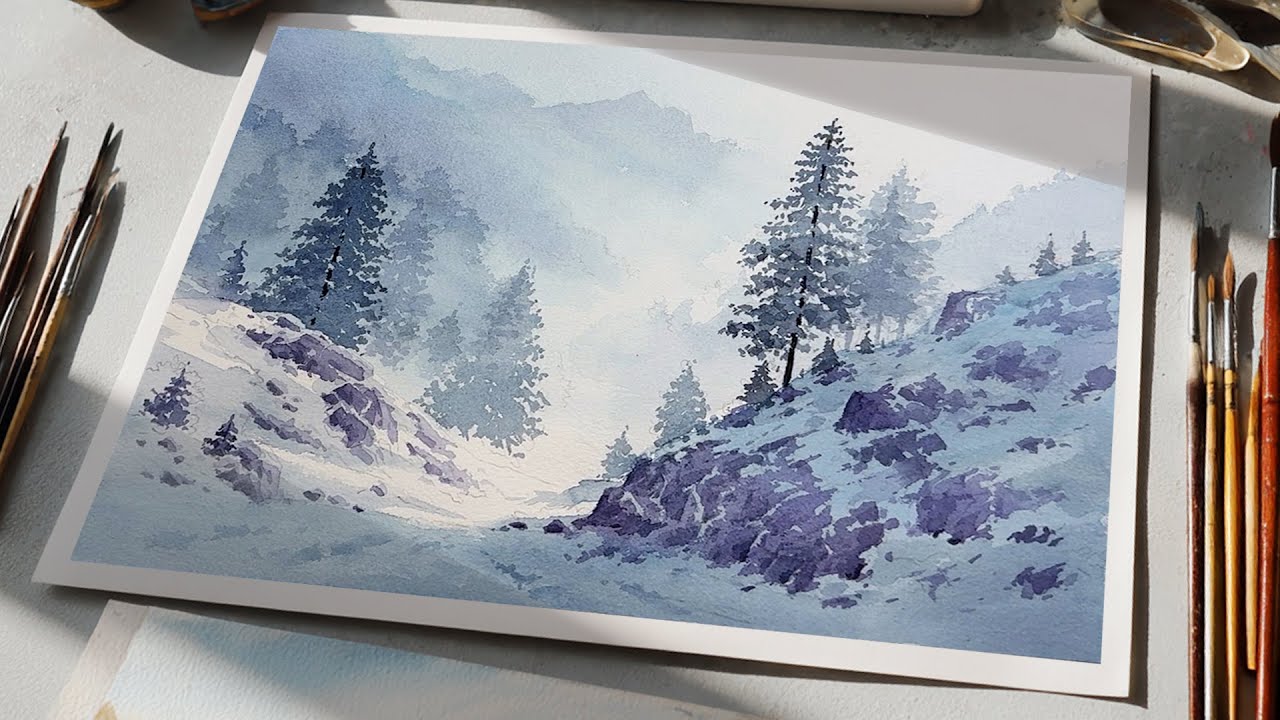Painting a Misty Winter Valley in Watercolor – Snow, Pines & Silent Light