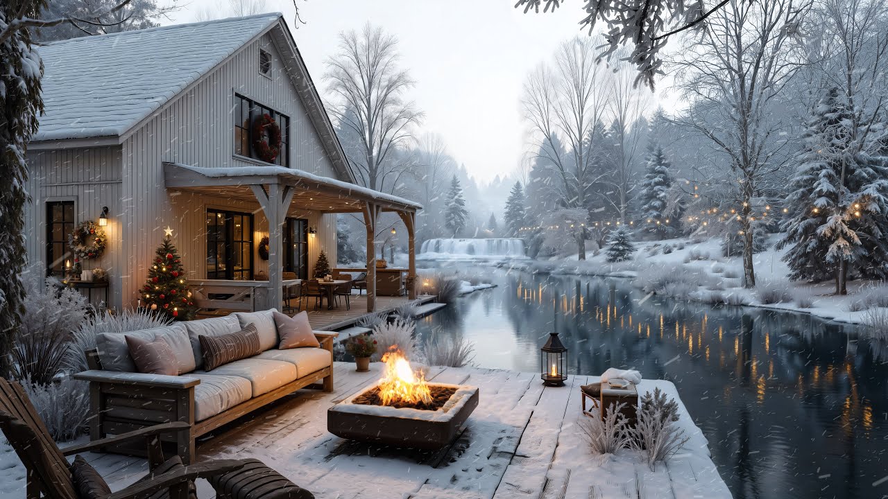❄️ Cozy Fireplace Snowfall Ambience on a Riverside Porch with Winter Jazz & Peaceful Nature Sounds