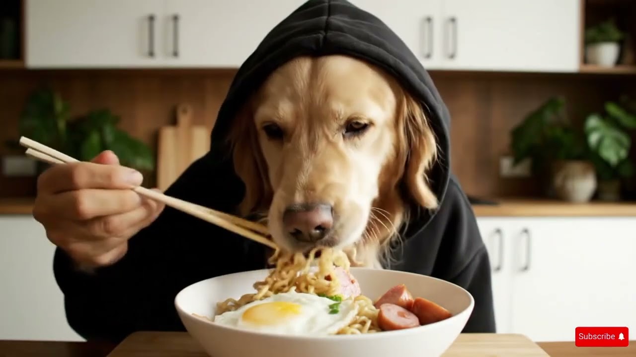 A plate of noodles cooked by a Golden Retriever 🐶🍜