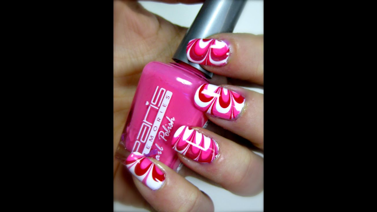 Valentine Nails [Water Marble Tutorial Nail Art]