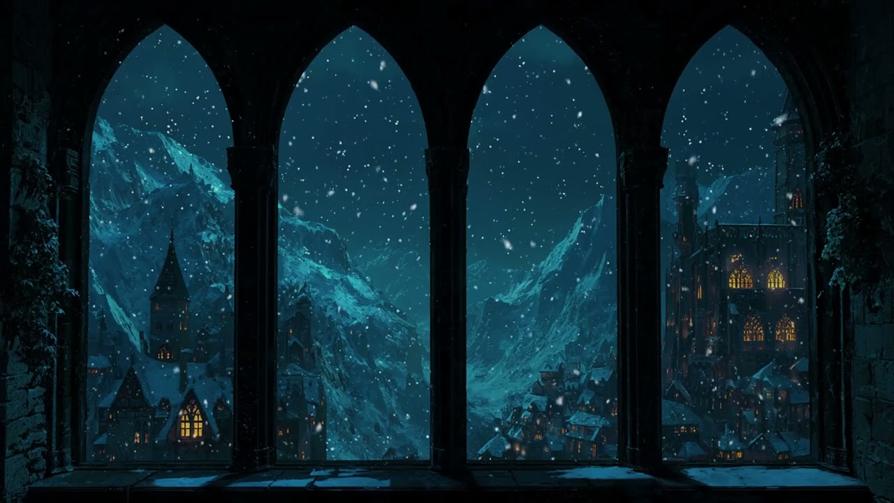 Hogwarts Winter Window Night | Snowfall Ambience & Whispering Wind Sounds for Study and Deep Sleep