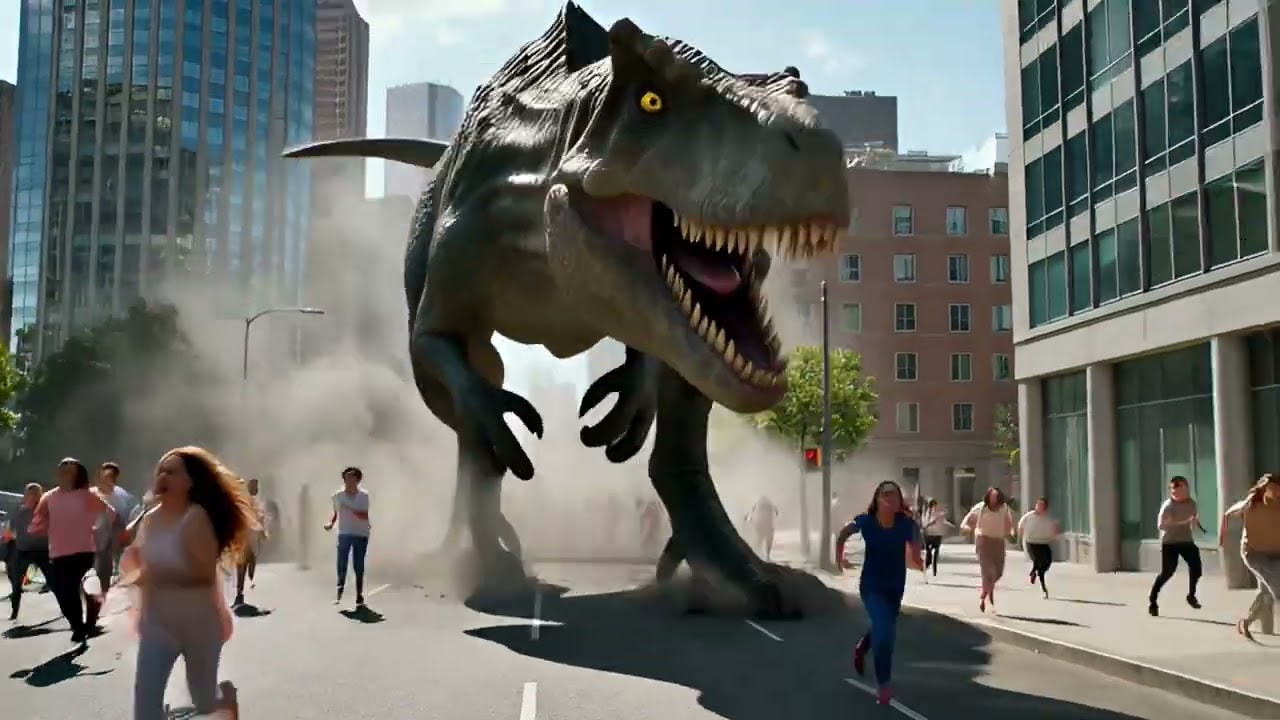 A giant dinosaur emerged from the mountain and went on a rampage.