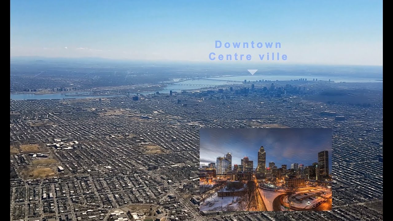 Final approach and landing at Montreal airport - View of the city and its main attractions - 4K