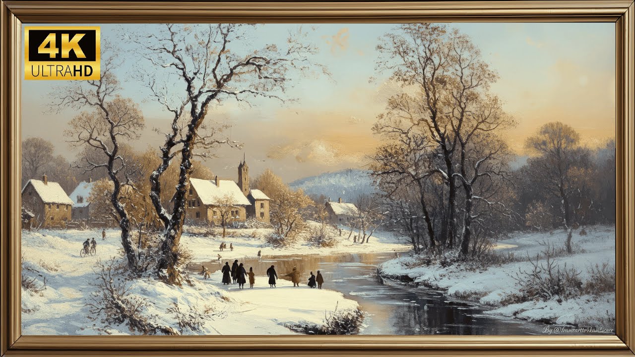 Peaceful Winter Village by the River | Classic Snow Landscape | Frame TV Art 4K