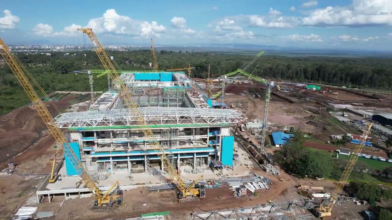 Drone shot of the ongoing construction progress of the Bomas International Convention Complex