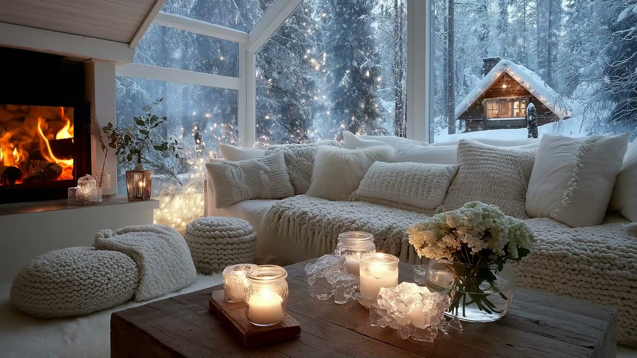 🎹 Warm Winter Piano Room | White Lounge Firelight & Falling Snow ❄️5 Hours | Relax Sleep Study Calm