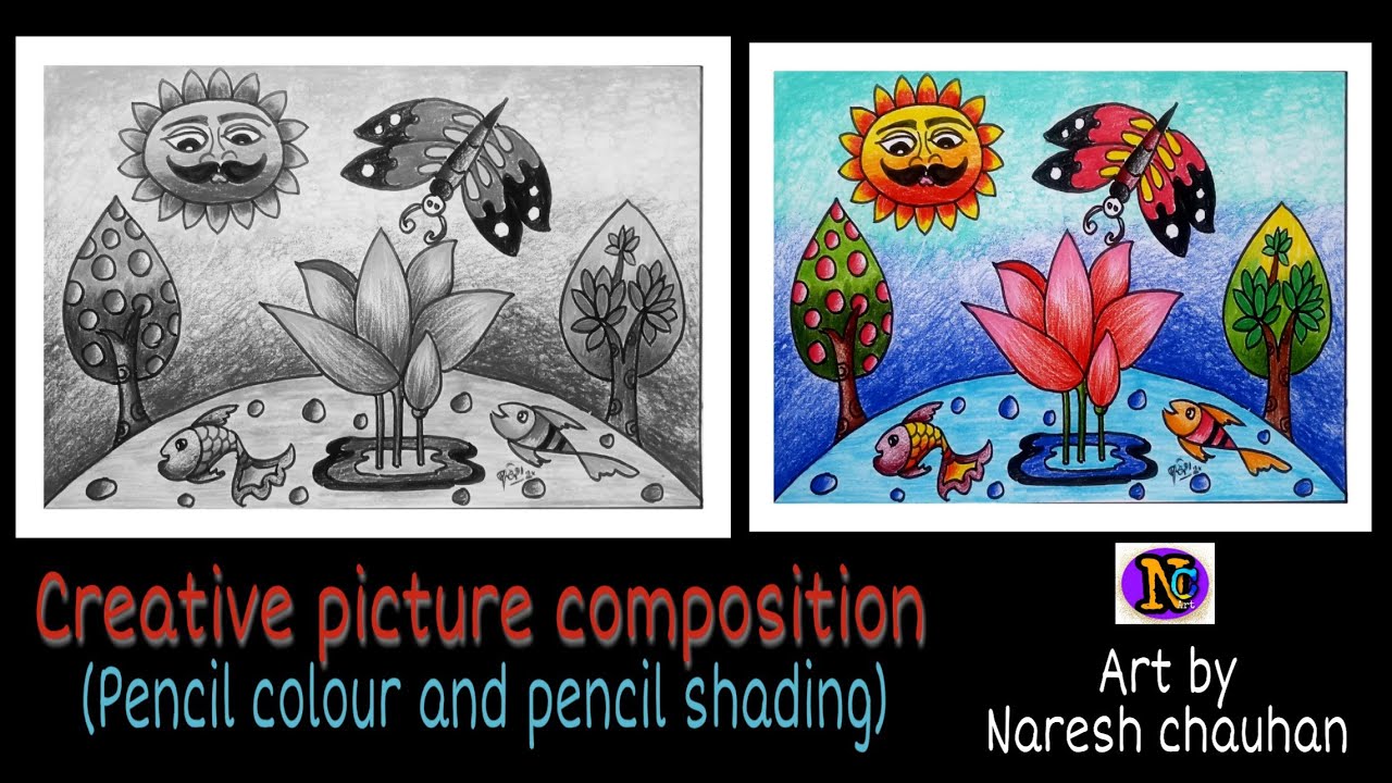 Creative picture composition (Lotus, tree,fish,sun,butterfly)