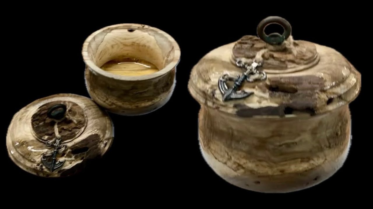 Heavily spalted wood turned into beach jar with antique finial & anchor pendant