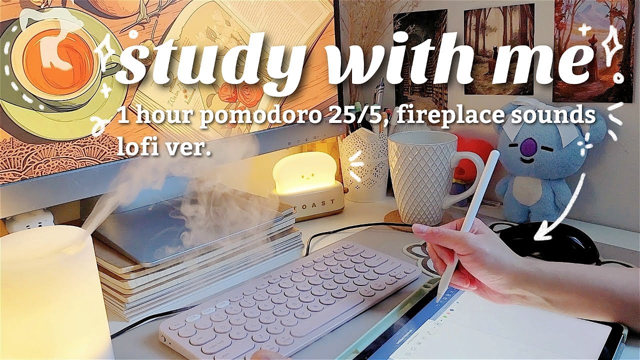 1 HOUR STUDY WITH ME 🍂 pomodoro 25/5, calm Lofi music, cozy fall fireplace sounds, typing, timer