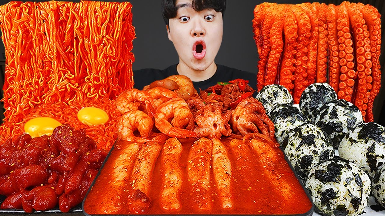 ASMR MUKBANG | РИСОВЫЙ ТОРТ Ттеокбокки, Огненная лапша, кимбап, варить морепродукты принимать пищу !