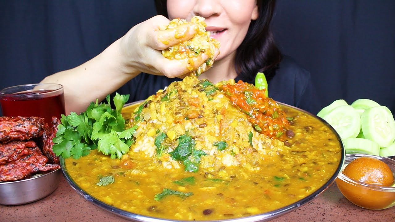 Eating Delicious Dal Chawal, Onion Pakoda, Gulab Jamun and Cucumber #ASMR/EATING SHOW MUKBANG