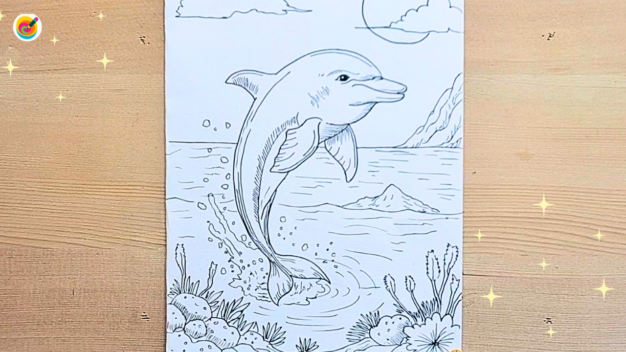 How to Draw a Dolphin Jumping | Easy Ocean Scenery Drawing