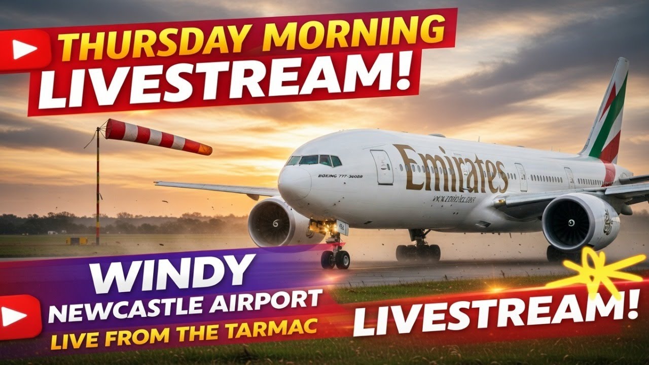 WINDY Thursday LIVE! Newcastle International Airport – Emirates 777  ✈️ Real-Time Spotting