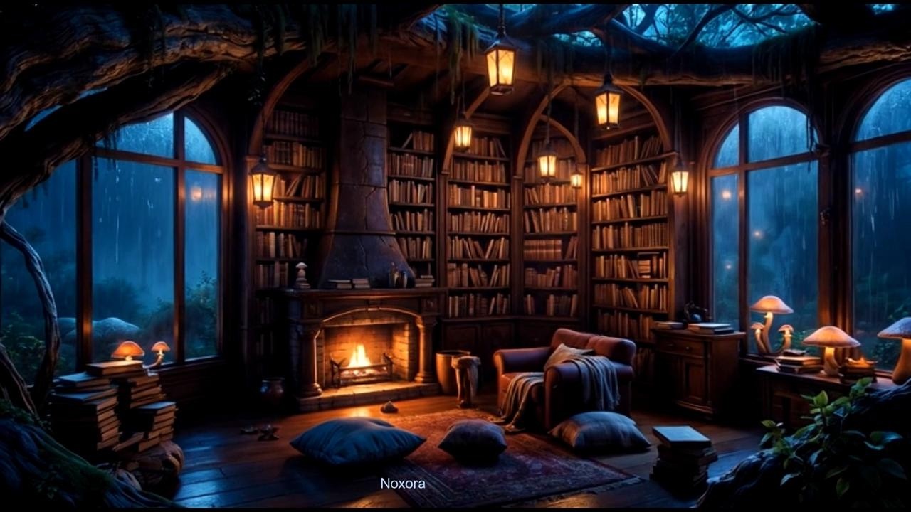 🌧️ Cozy Fantasy Library Ambience | Heavy Rain & Fireplace Sounds for Study, Sleep, Focus 🕯️