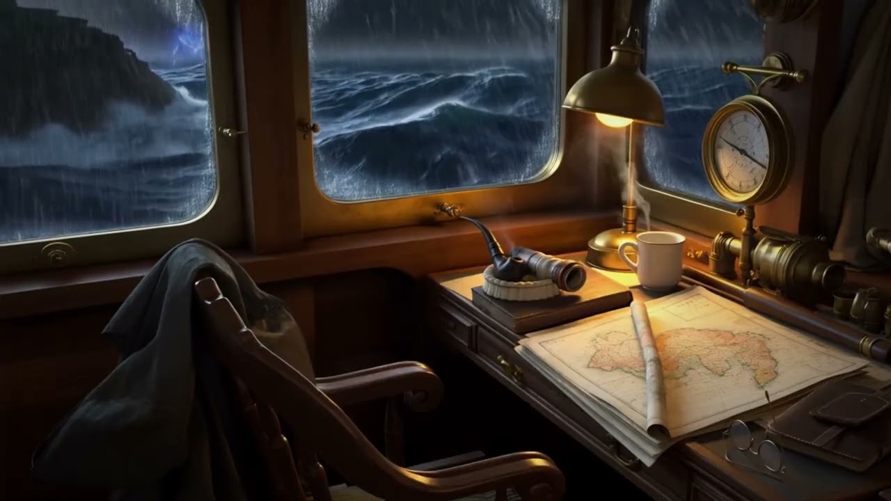 Isolated Coastal Watch, Dark Raging Night Sea Wave & Thunderstorm, Rain Sound, background ambience