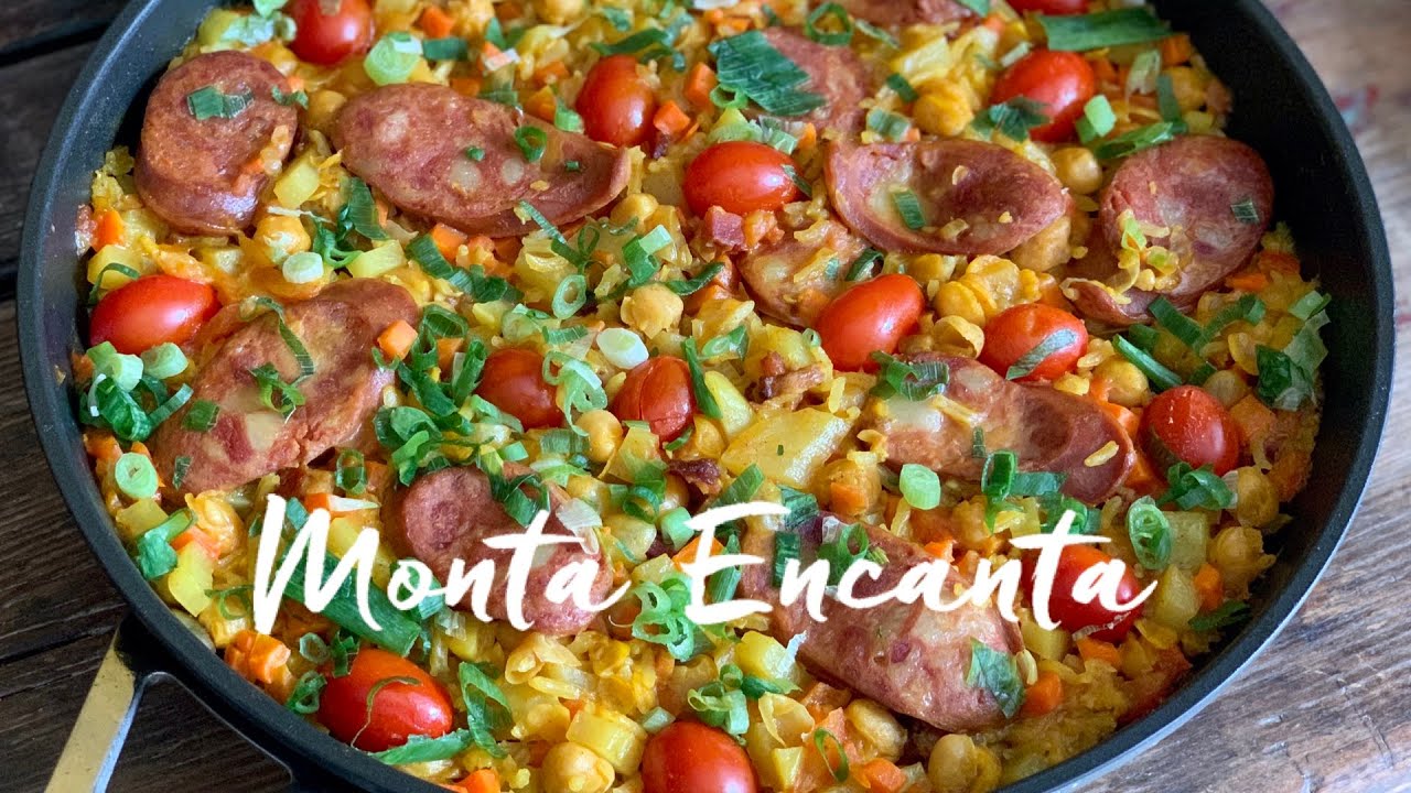 Arroz com grão de bico, tomate e linguiça calabresa