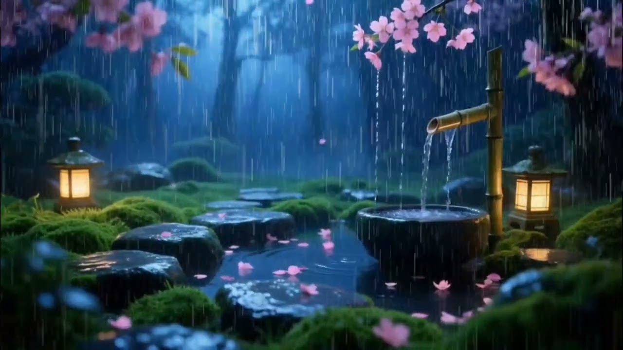 Calm Night Rain and Soft Piano in a Zen Garden | Deep Restful Sleep