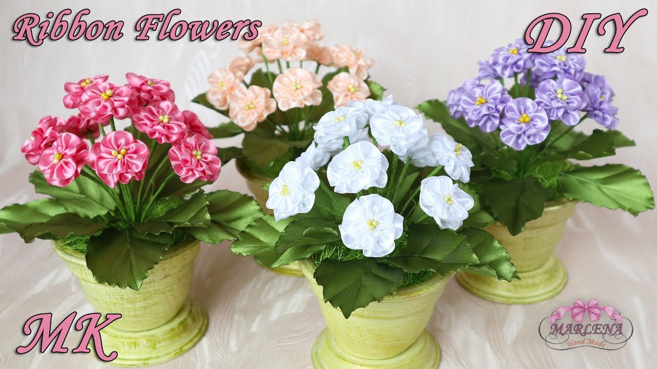 ❀ Фиалка из лент. Интерьерные цветы на 8 Марта. Ribbon Flowers