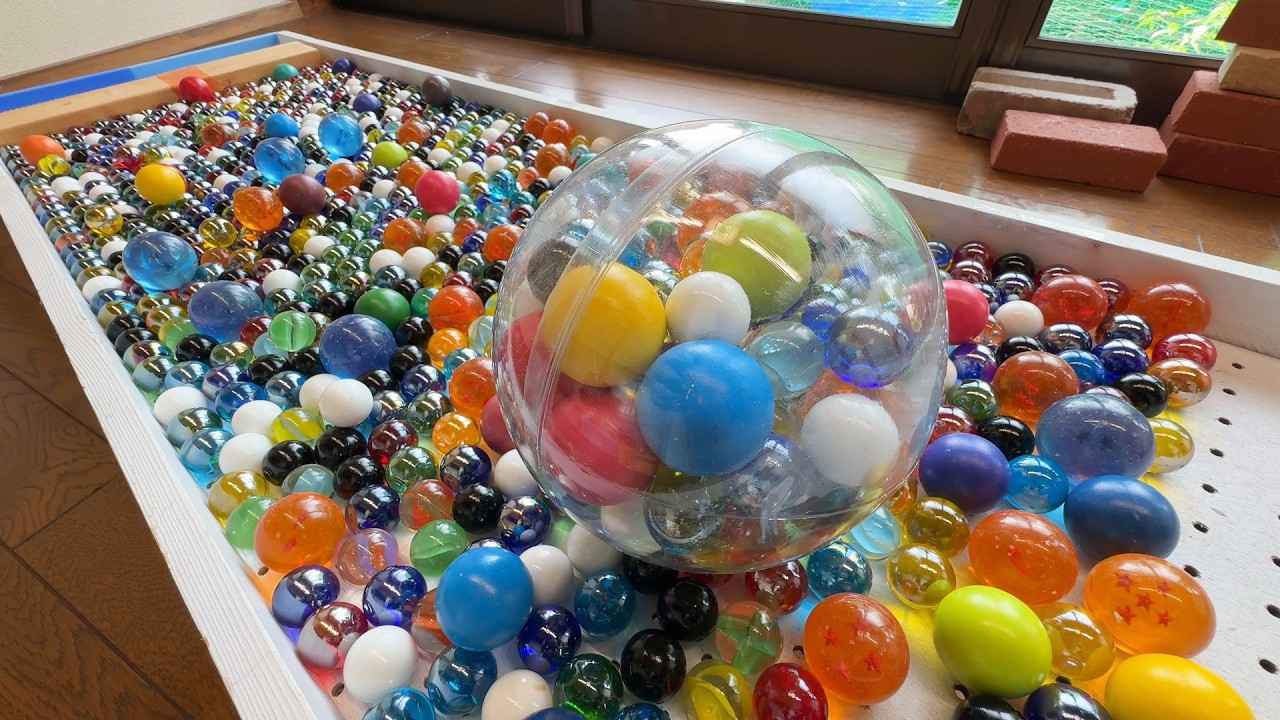 Rainbow marble run course using large transparent capsules, steps, and a bamboo wave device #ASMR