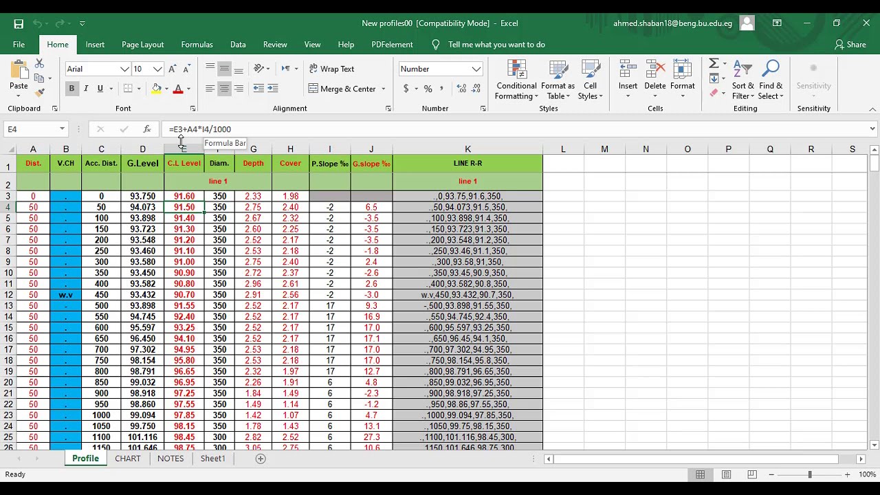 How to make an excel sheet to draw a water pipe profile