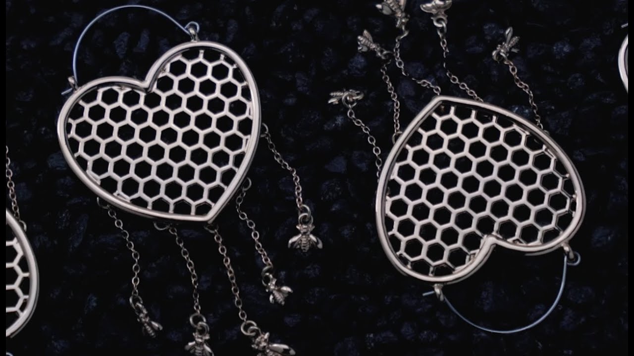 Golden Heart Honeycomb Dangle Plug Hoops / Earrings | UrbanBodyJewelry.com