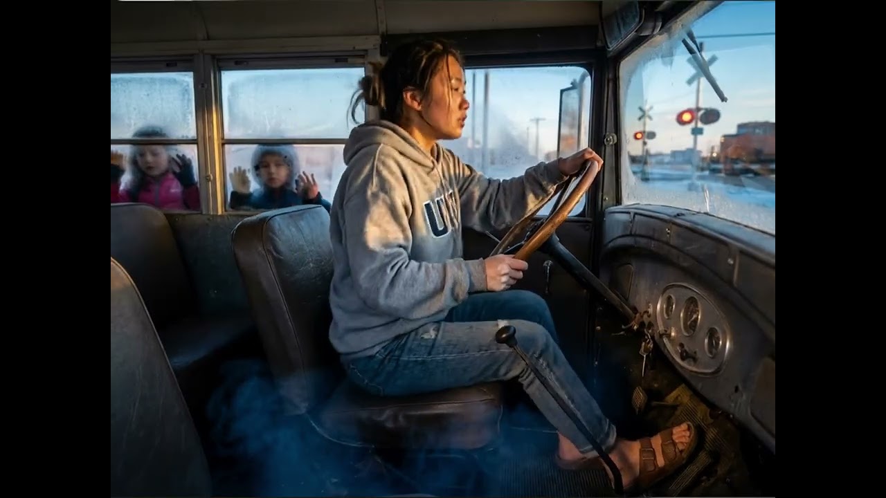 Mei Ling Stalled and Panicked at the Railroad Crossing in Her Old School Bus
