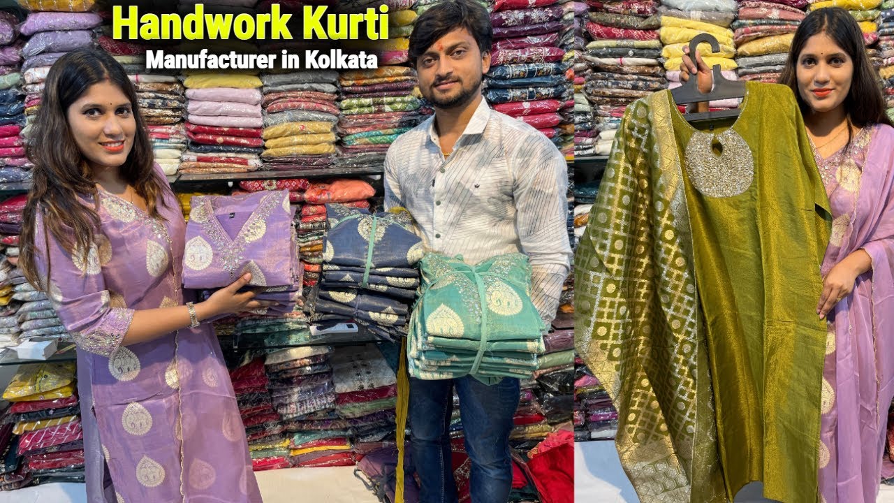 Handwork kurti manufacturer in kolkata : Dola Silk/ Tissue/ Chinon Pita Zari Work Kurti Collection