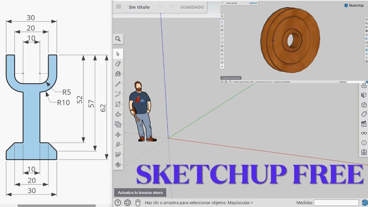 SKETCHUP online 3D. Dibujar una polea con medidas y enlace a la página web. Drawing, dessiner.