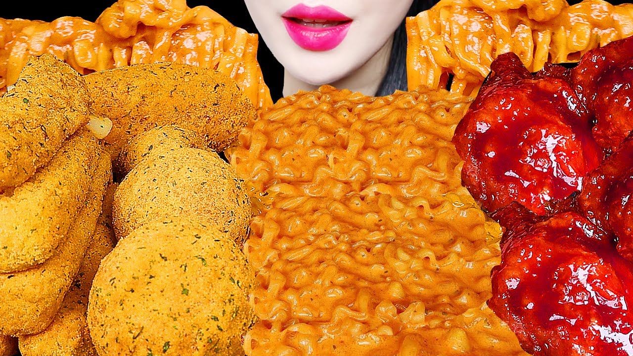 ASMR CHEESY CARBO FIRE NOODLE, CHICKEN, CHEESE BALL 까르보불닭 뿌링클 치킨 치즈볼 먹방 EATING SOUNDS MUKBANG