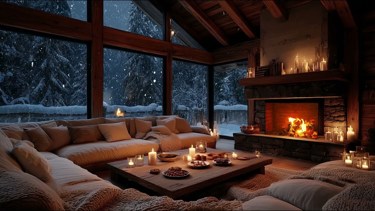 Cozy Snowy Cabin Fireplace ❄️ Soft Piano Music | Peaceful Winter Night Ambience for Deep Sleep
