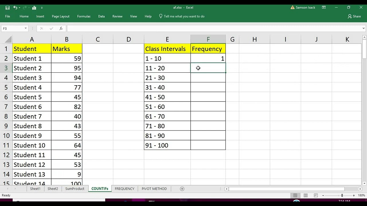 Excel: Class Intervals using CountIFs function
