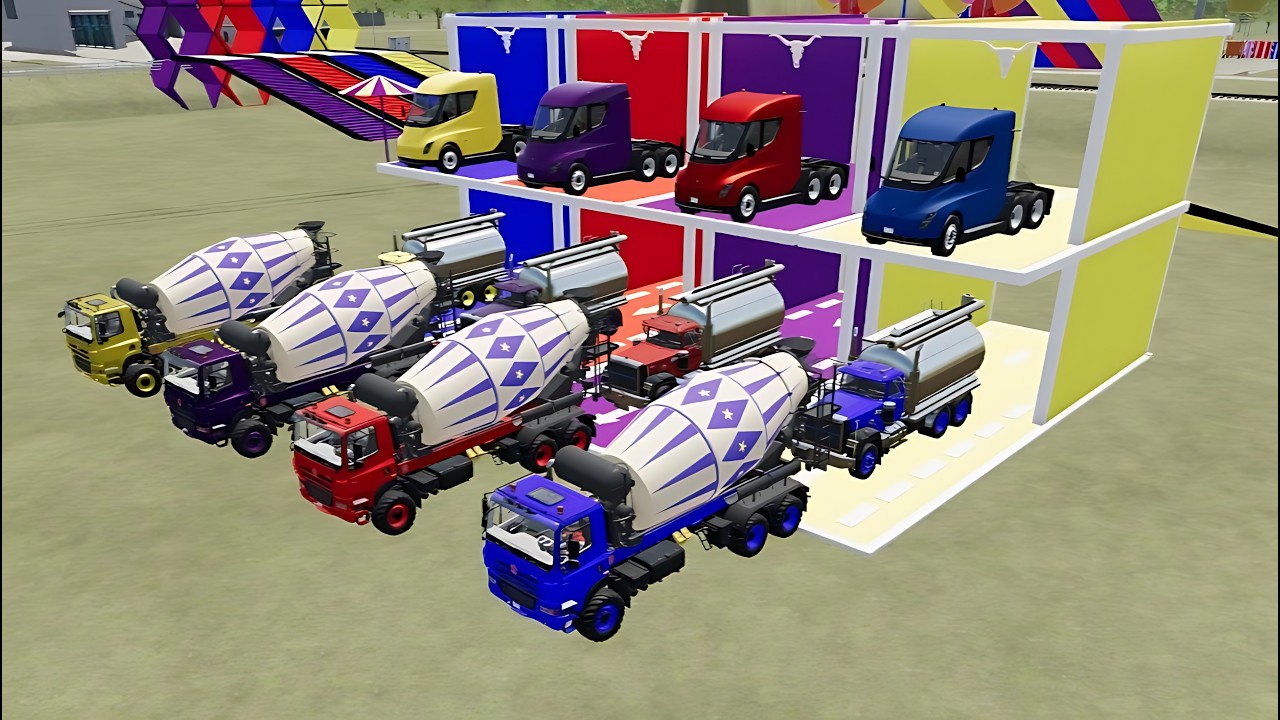 Garage with Colors - ALL MIXER TRUCK WITH DOUBLE FLATBED TRAILER TRUCK, KENWORTH, VOLVO #223