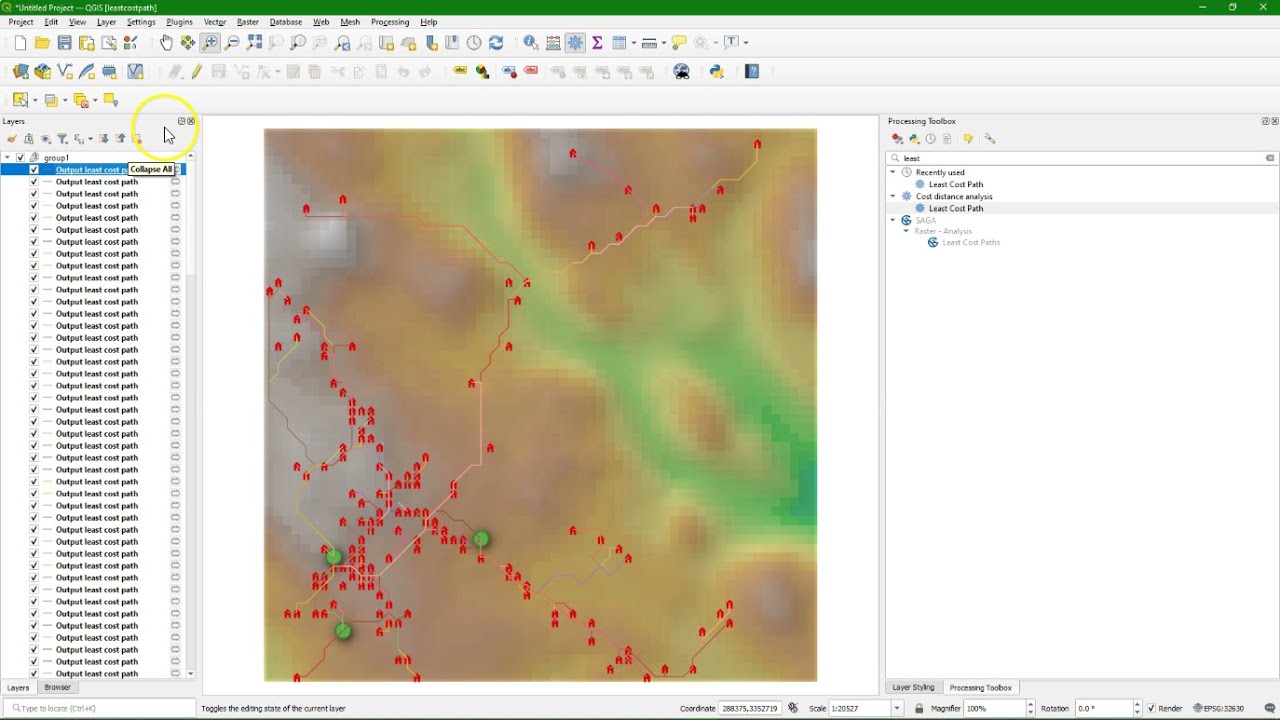 Анализ пути наименьшей стоимости с помощью QGIS: маршрут от домов до колодцев