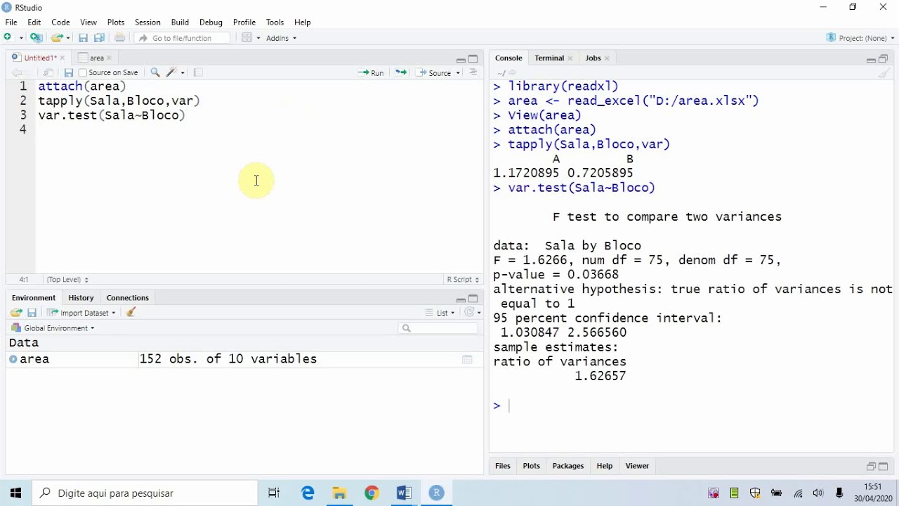 AULA 11 &ndash; TESTE F RAZ&Atilde;O DE VARI&Acirc;NCIAS NO RStudio