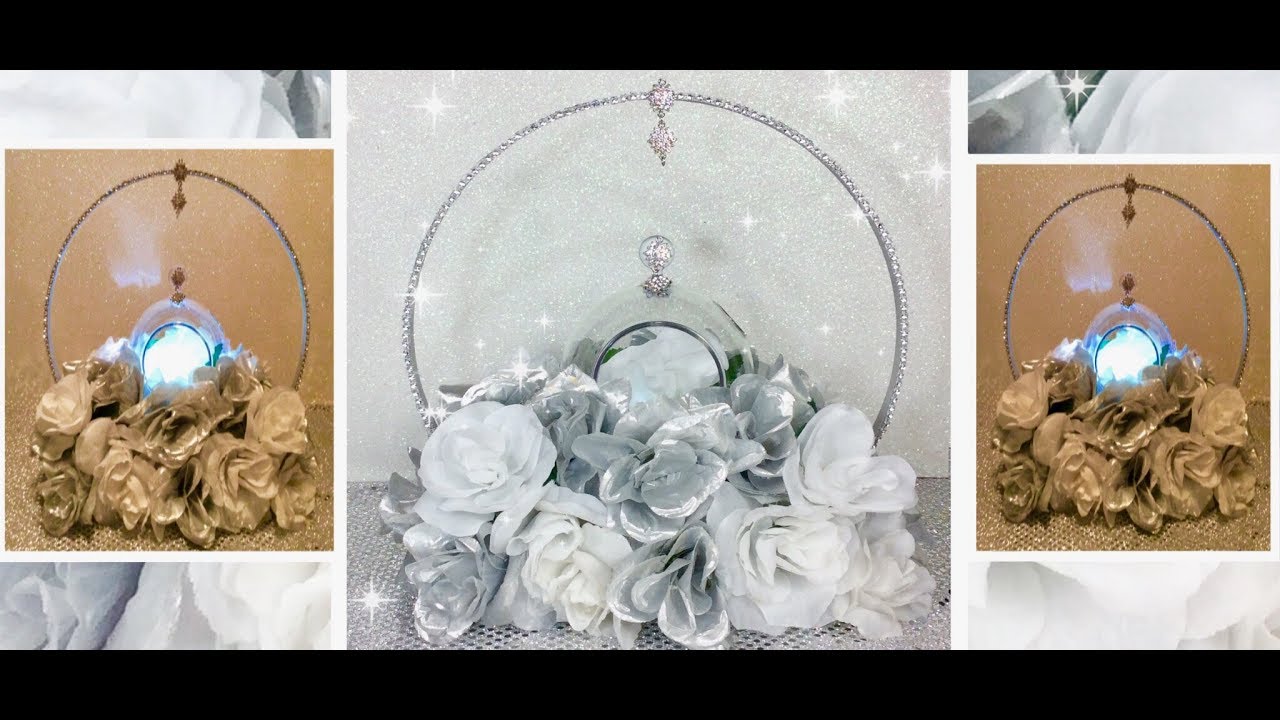 DIY-Wooden Embroidery Hoop Wedding Centerpiece/ Silver & White Floral Arrangement