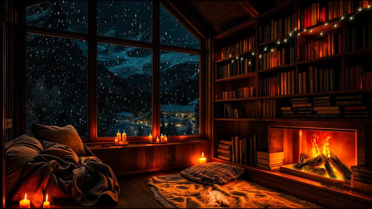 ❄️ Cozy Winter Library Night 4K | Fireplace, Snowfall & Candlelight Ambience 🔥📚
