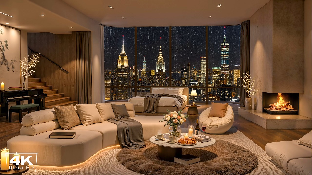 Rainy Night in NYC 🌧️ 4K Luxury Apartment with Elegant Jazz & Fireplace Sounds for Deep Sleep