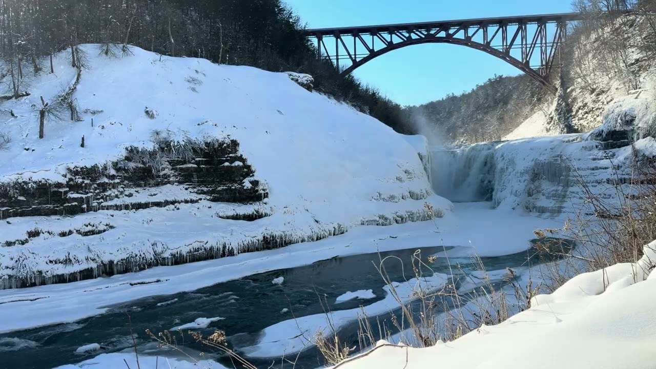 Frozen Waterfall Sunrise - 1.5 Hours Winter Ambiance, Calm Nature & Moving Water 