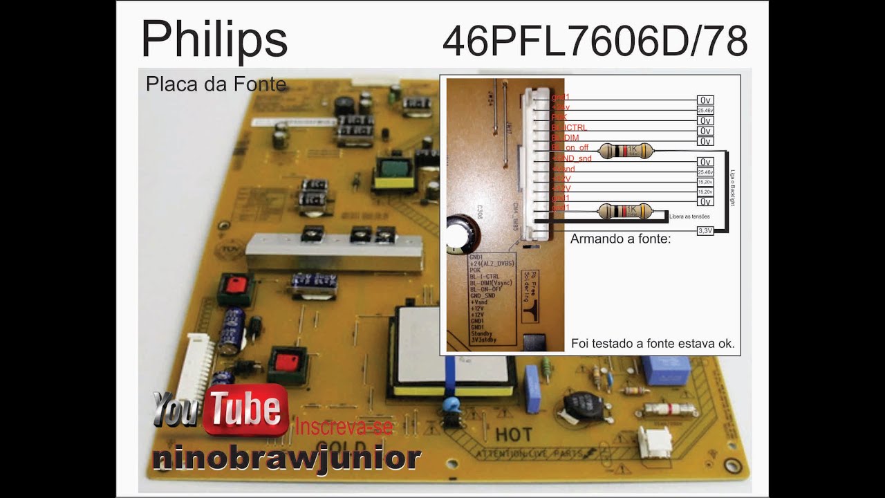 Teste da fonte TV Philips 46PFL7606D 78 - Ligando na bancada