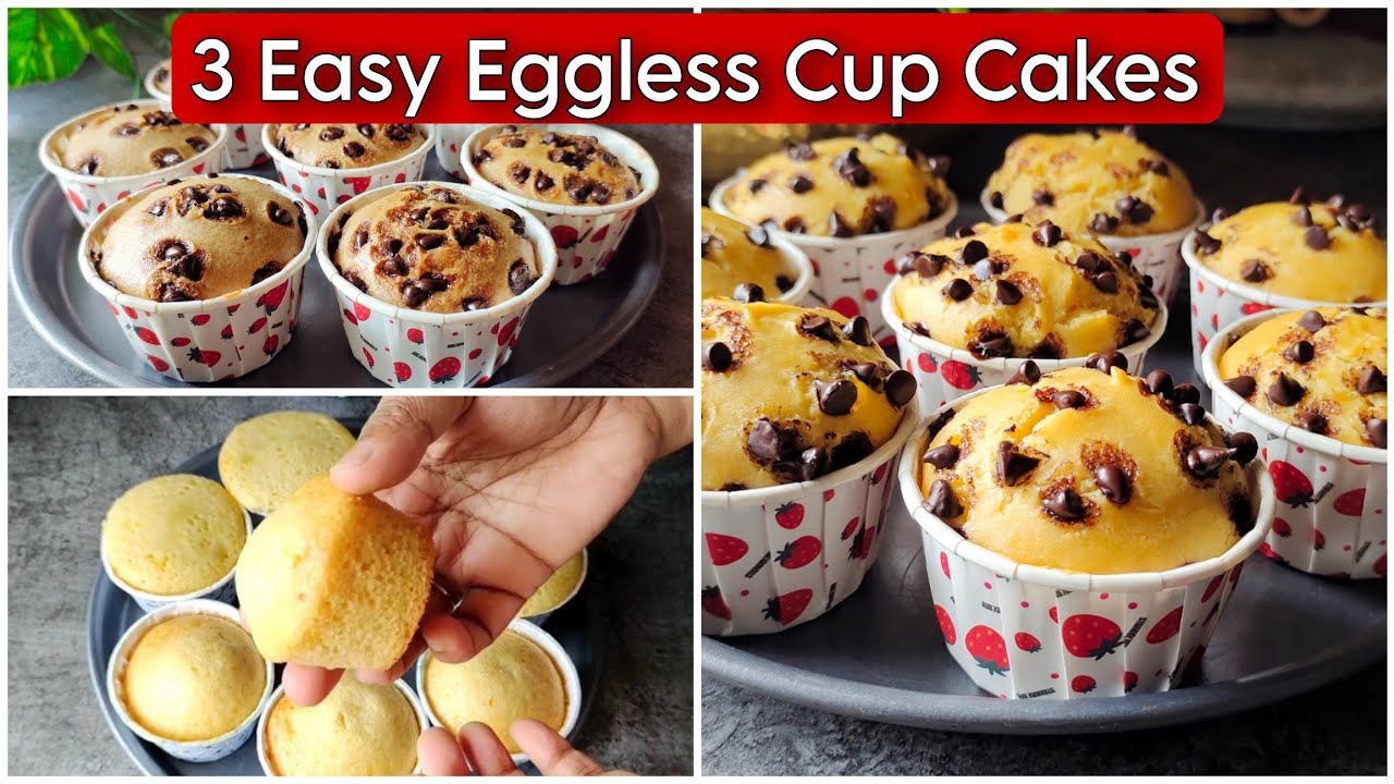3 Easy Soft Eggless Cup Cakes - Coffee Cup Cakes, Orange Cup Cakes, Mango Cup Cakes