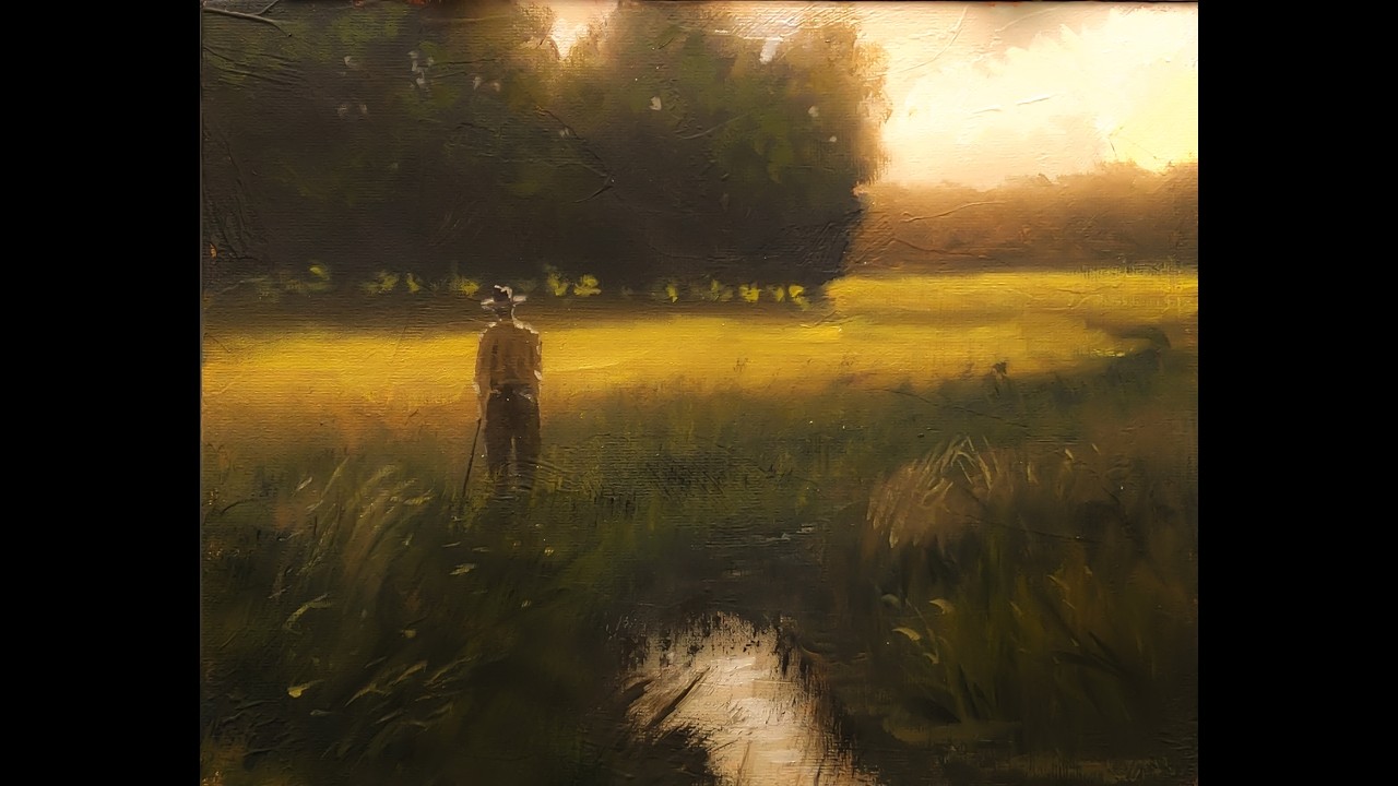 How to paint a landscape, trees, sky, fields, water, sunset, old man working, Fully narrated lesson.