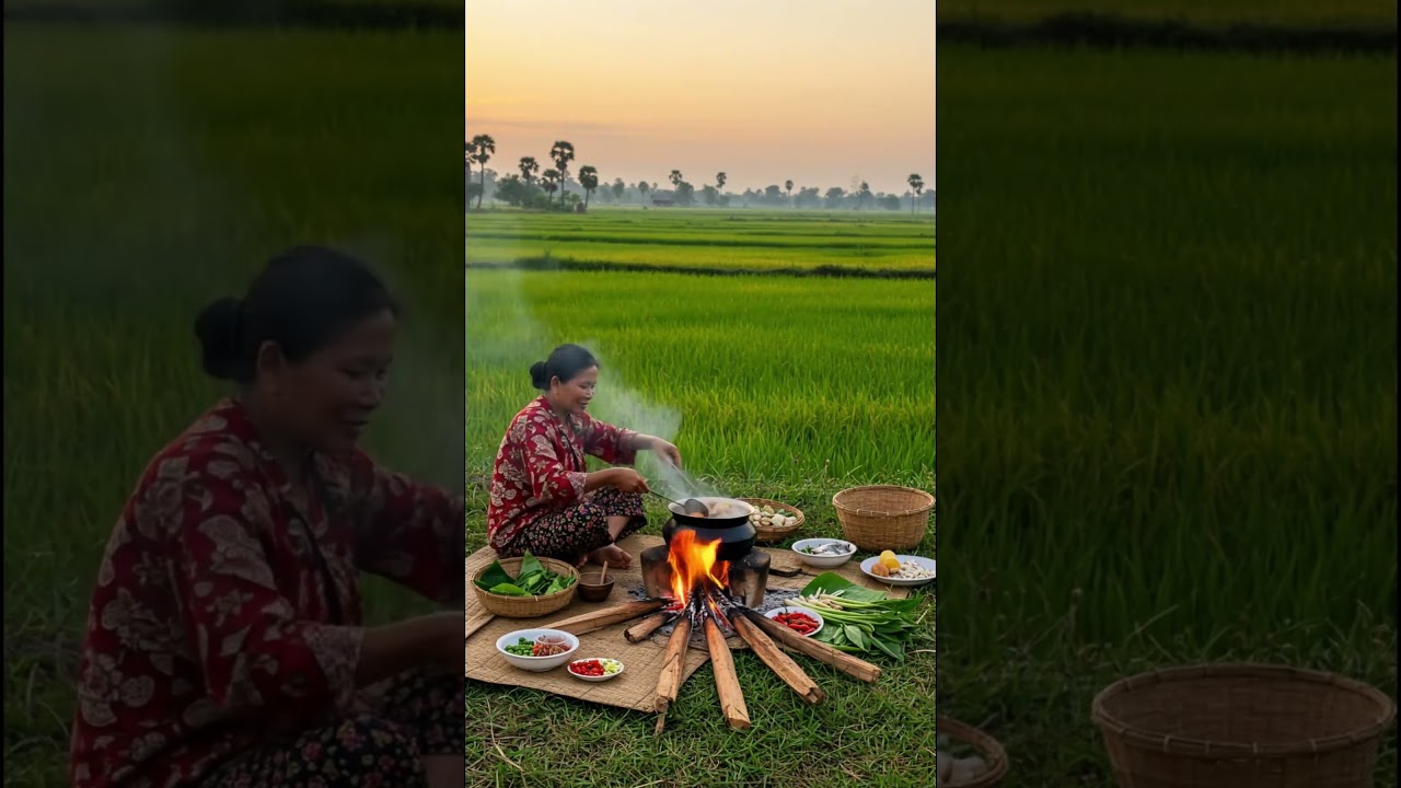 Traditional Khmer Cooking in a Rice Field Sunset Feast Over Open Fire