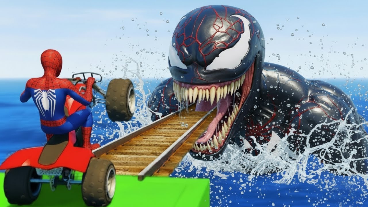 سبايدر مان اصعب دراجة نارية فوق اسماك القرش - Superheroes Ride on Motorcycle Stunt Funny Moments??