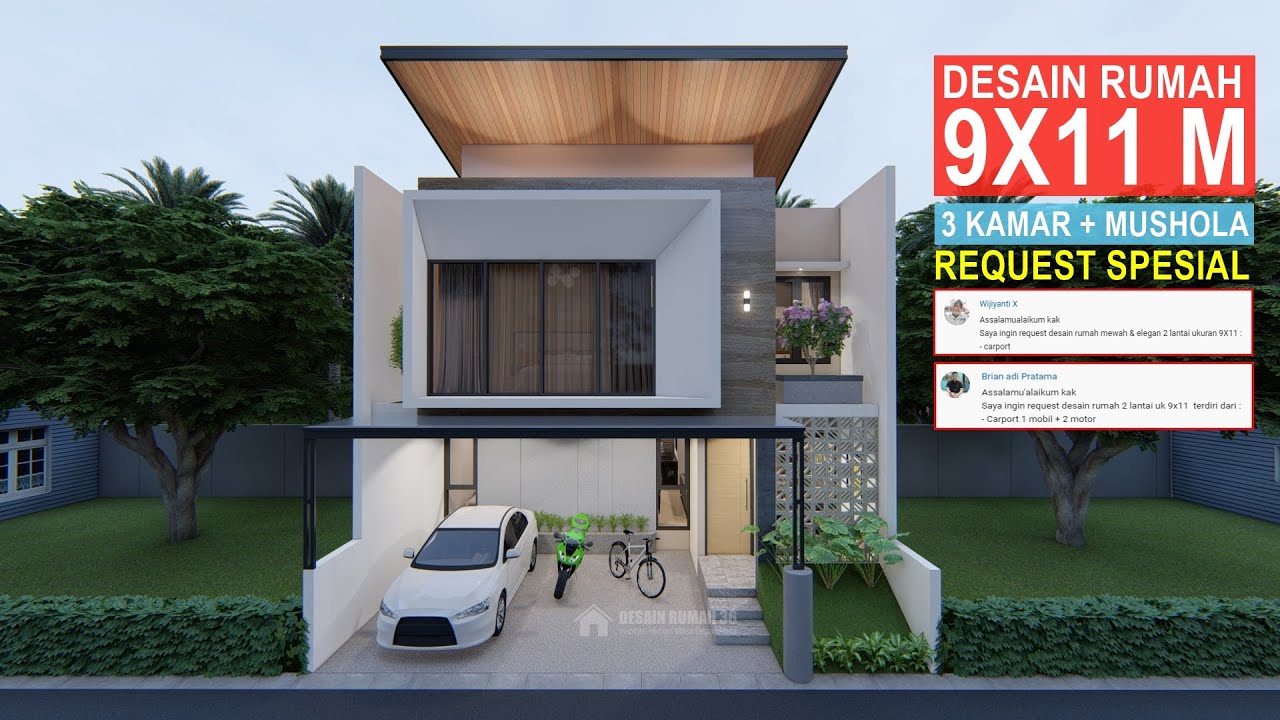 DESAIN RUMAH 9X11 METER 2 LANTAI 3 KAMAR TIDUR ADA MUSHOLANYA