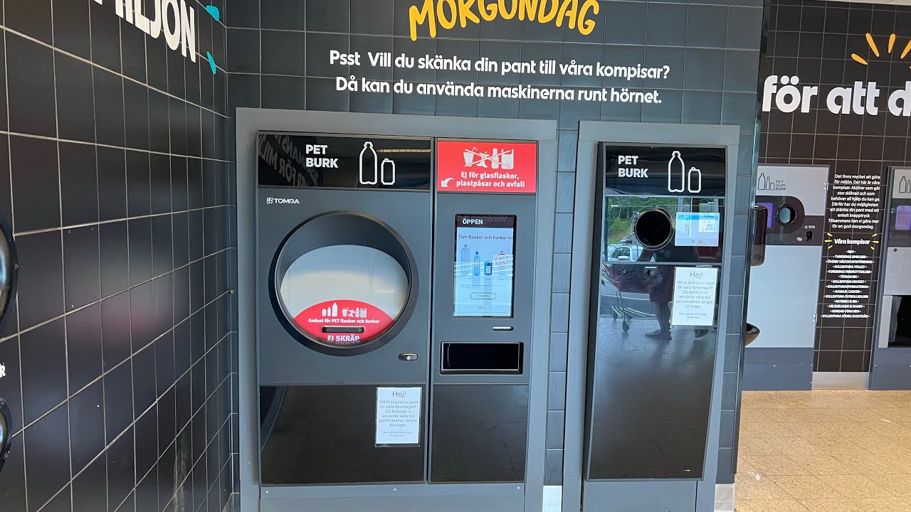 Soda, beer can and pet bottle recycling in Sweden done the easy and fast way at a food store. ICA