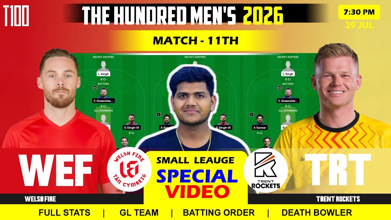 WEF vs TRT || WEF vs TRT Prediction || Welsh Fire vs Trent Rockets 11TH T100 Match