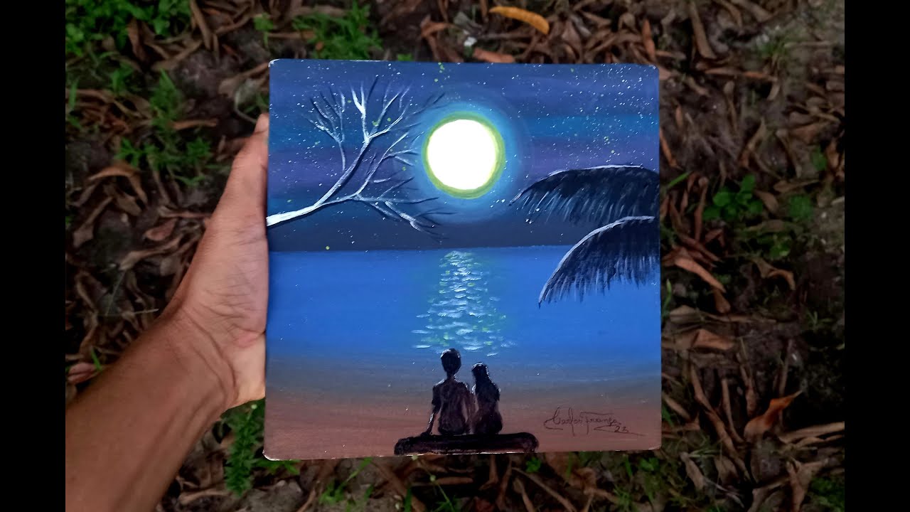 Como pintar lua cheia/ Pintura de Casal ao luar/ Paisagem com lua