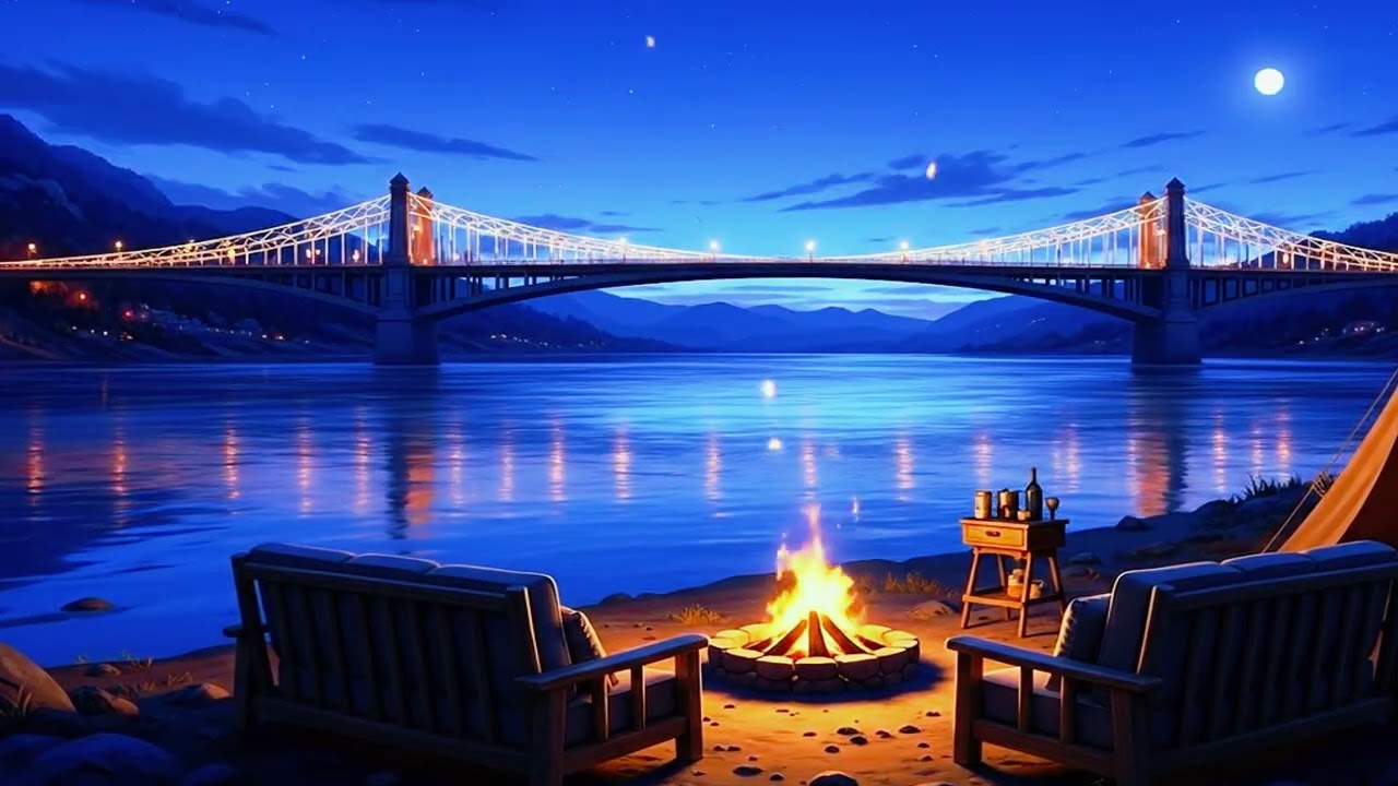 Moonlit Blue River Camping | Cozy Campfire & Bridge Ambience